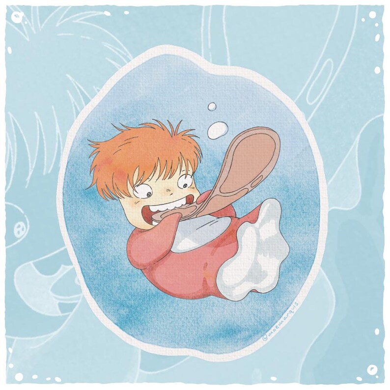 May include: Watercolor illustration of a character from the animated film, Ponyo. The character, with orange hair and a red outfit, is inside a blue bubble, holding a brown object. The background is a light blue watercolor wash.