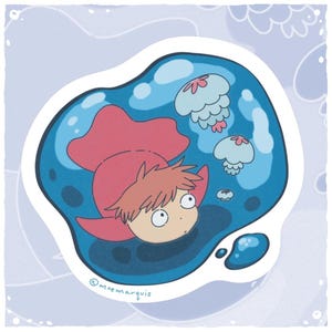 May include: A sticker featuring a cartoon character with red hair and a red cape, swimming in a blue bubble with jellyfish. The sticker has a white border and the artist's signature, @moemarquis, is visible.
