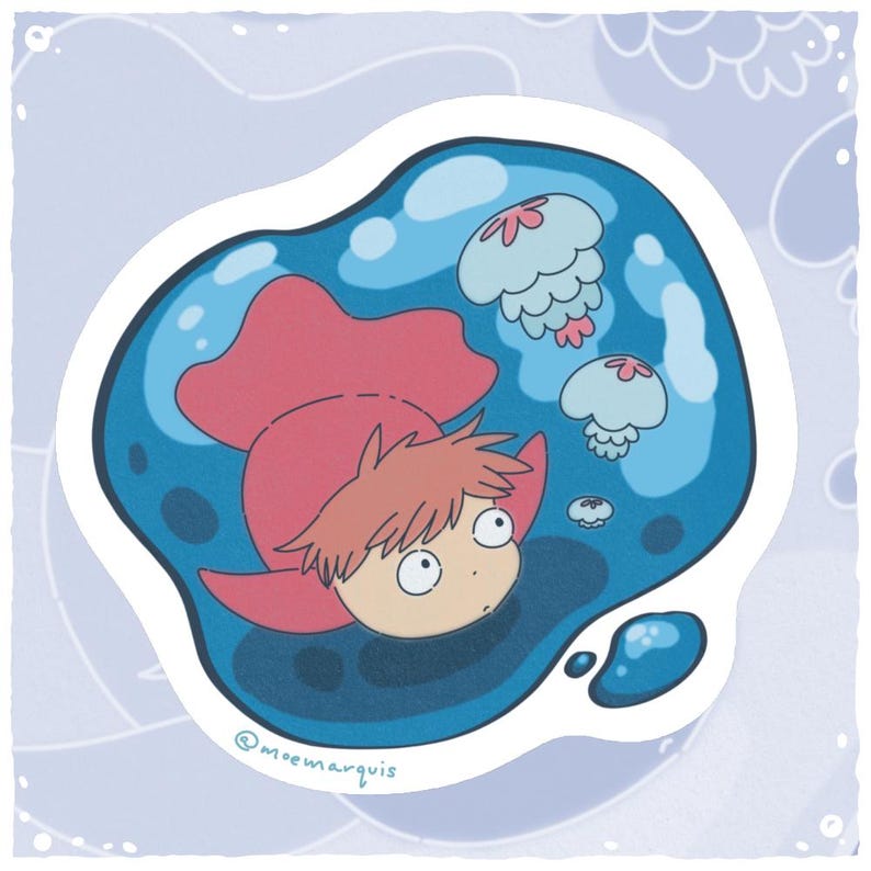May include: A sticker featuring a cartoon character with red hair and a red cape, swimming in a blue bubble with jellyfish. The sticker has a white border and the artist's signature, @moemarquis, is visible.