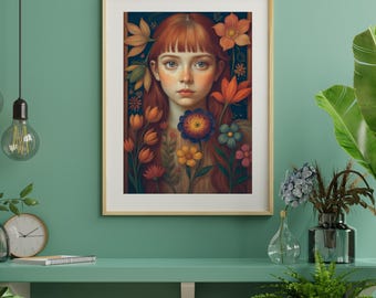 Victorian Floral, Cottagecore, Redhead Girl Floral Portrait, Wall Decor, Vintage Botanical Printable, Digital Download