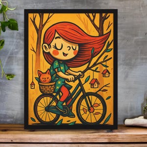 Digital Download, Girl on Bike Digital Print – Cute Cartoon Wall Art JPG for Kids Room | Instant Download | Cat in Basket Illustration
