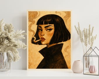 Smoky Noir Portrait Art , Digital Wall art, Mid-Century Inspired Illustration, Printable Wall Art, Editorial Art Print, Noir