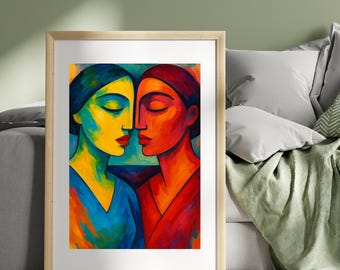 Digital Download Wall Art, Colorful Abstract Couple Art, Mid Century Modern Digital Download Poster, Printable Retro Wall Art