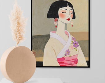 Digital Download Wall Art, Minimalist Woman Portrait, Japanese Style Poster, Neutral Boho Decor, Instant Download Print, Contemporary