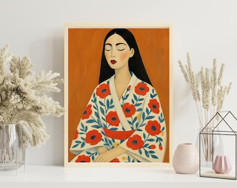 Digital Download Wall Art, Minimalist Woman Portrait, Flower Style Poster, Neutral Boho Decor, Instant Download Print, Contemporary Art