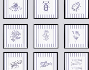 Botanical, Nature Art Prints – Set of 9 , Insect, Sea Life & Flower Wall Art, Square Minimalist Printable, Purple Stripes, Digital Download