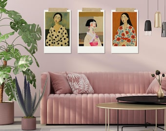 3 Bundle Digital Download, Wall Art, Minimalist Woman Portrait, Flower Style Poster, Neutral Boho Decor, Instant Download Print,