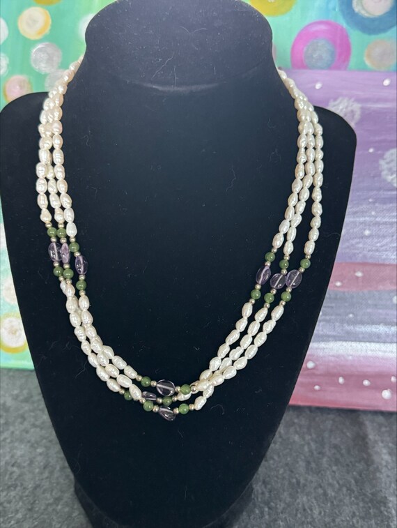 Vintage Pearl Necklace 3 Strands with Amethyst and
