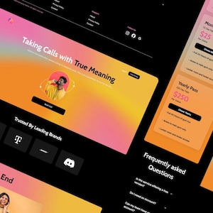 May include: A website screenshot showcasing a service that provides automated calling, cost efficiency, and encrypted data. The website also features a section on taking calls with true meaning, trusted by leading brands, and frequently asked questions. The website has a colourful gradient background with a pink, orange, and yellow colour scheme.