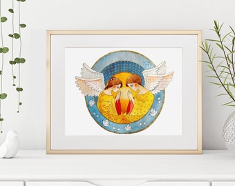 Dos ángeles en mandala (arte gráfico original)