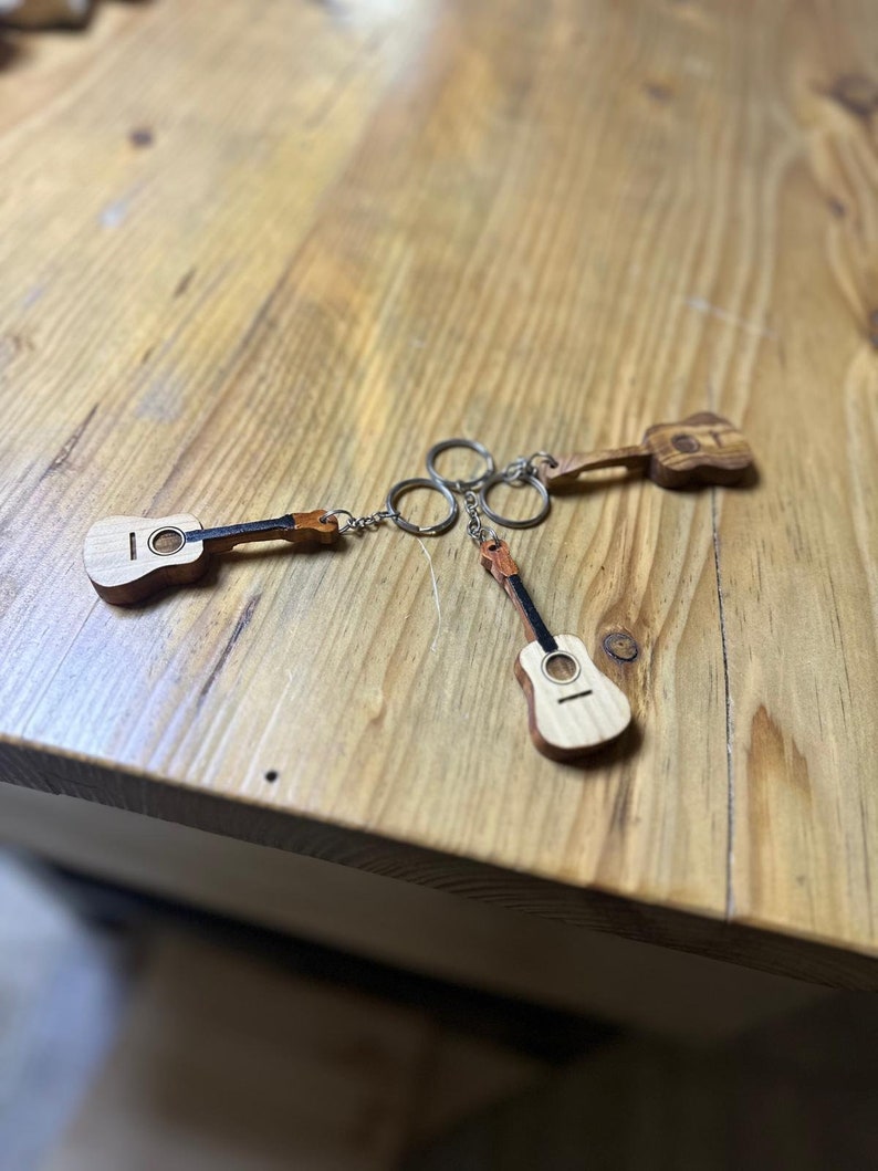 Handmade Guitar Shaped Key Holder Wooden Keychain Musical theme Key Holder Hand-carved Key Holder Key Organizer Key Chain Gift image 2