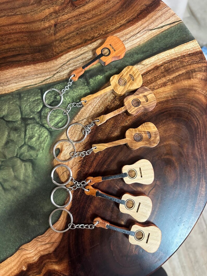 Handmade Guitar Shaped Key Holder Wooden Keychain Musical theme Key Holder Hand-carved Key Holder Key Organizer Key Chain Gift image 5