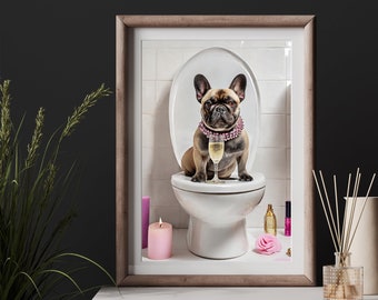 Funny French Bulldog Dog Bathroom Wall Art Sophisticated Frenchie Dog on Toilet Drinking Champagne Picture Pet Lover Print Gifts Art