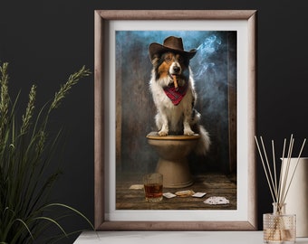 Australian Shepherd Bathroom Art Aussie Dog on Toilet Funny Cowboy Bathroom Art Print Western Decor Bathroom Wall Art Toilet Humor Poster