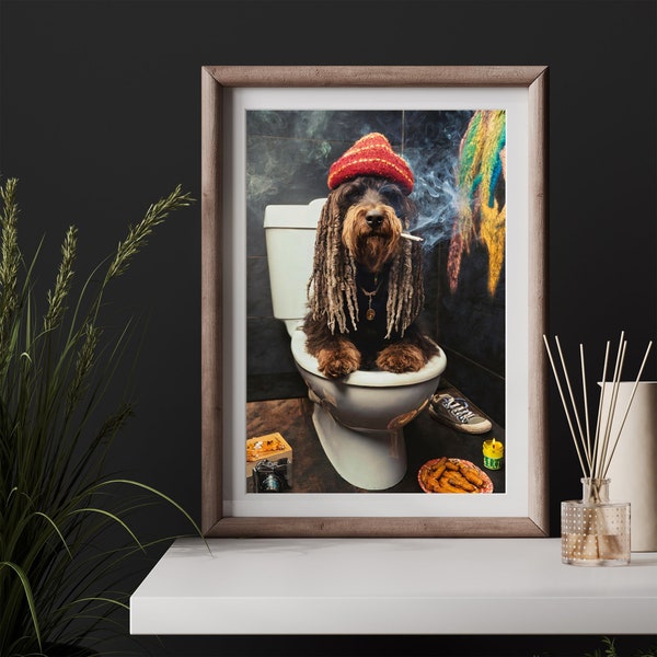 Funny Stoner Rasta Dog Smoking in Bathroom Art - Rastafarian Reggae Dog in Toilet Picture Pet Lover Weed Gifts