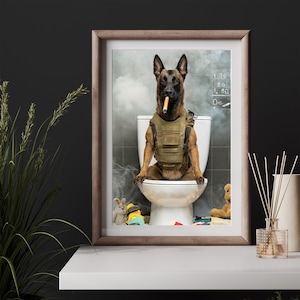 Belgischer Malinois Hund Lustiger Badezimmer Wand Kunst Militärpolizist K-9 Hund Rauchen auf Toilette Haustier Druck Lustiger Hund Badezimmer Kunst