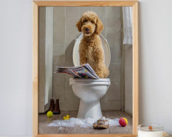 Arte de Goldendoodle: Garabato en el inodoro, arte divertido para el baño, imagen de perro leyendo el periódico, regalos divertidos de Goldendoodle, regalos para amantes de los perros, impresión de garabatos