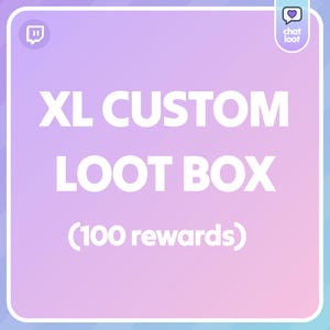 May include: A square graphic with a gradient background of purple and blue. The text "XL CUSTOM LOOT BOX" is in large white letters. Below, in smaller white text, it reads "(100 rewards)". A small icon is in the top left corner and a logo in the top right.