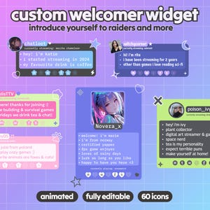Op de afbeelding: Een digitaal aangepast welkomstwidget voor streamers met meerdere chatbox-sjablonen in diverse pastelkleuren zoals roze, blauw en groen. Het ontwerp bevat profielfoto's, tekstvelden voor introducties en iconen voor de dagen van de week.