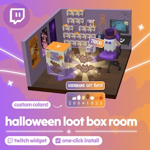 Może przedstawiać: Pokój o tematyce Halloween z skrzynią z łupami, nietoperzami i postacią ducha. Pokój posiada konfigurację komputera, plakaty i pudełka ułożone na półkach. Tekst zawiera "Trick or Treat" i "Username Got Bats!" z opcją dostosowywania kolorów.