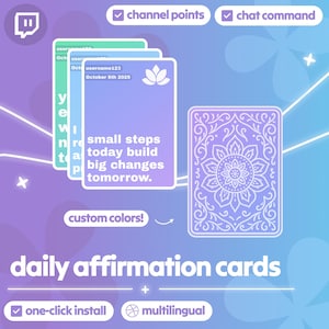 May include: Daily affirmation cards with a floral design on the back. The cards have affirmations like "small steps today build big changes tomorrow." Features include custom colors, one-click install, and multilingual support.