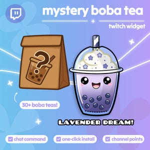 Könnte beinhalten: Illustration für ein Twitch-Widget, mit einem braunen Papiersack mit einer Boba-Tee-Grafik und einem Fragezeichen sowie einem lavendelfarbenen Boba-Tee mit einem lächelnden Gesicht. Text enthält "mystery boba tea", "twitch widget" und "Lavender Dream!"