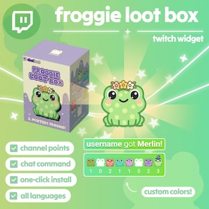 May include: Promotional image for a "Froggie Loot Box" Twitch widget. The design features a cartoon frog with a flower crown, a box with the same frog design, and text indicating features like channel points and chat commands. The background is a gradient of green.