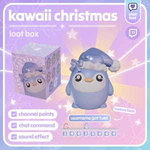 Peut inclure: Une figurine de pingouin bleu clair portant un bonnet de Père Noël, à côté d'une boîte assortie avec l'inscription "kawaii loot box". L'image contient du texte : "kawaii christmas", "channel points", "chat command" et "sound effect".