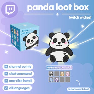 Könnte beinhalten: Digitalgrafik, die ein Twitch-Widget "Panda Loot Box" bewirbt. Das Bild zeigt einen Cartoon-Panda, eine Box mit Panda-Grafiken und Optionen für Kanalpunkte, Chat-Befehle und One-Click-Installation. Der Text enthält "username got bao!" und "custom color & font!"