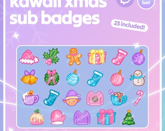 May include: A collection of 23 kawaii Christmas-themed sub badges. The badges include a pink Santa hat, gingerbread man, gift boxes, stockings, ornaments, bells, wreaths, a snowman, and more. The text "kawaii xmas sub badges" is at the top.