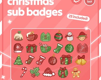 May include: A collection of 23 Christmas-themed sub badges in a pink and white striped background. The badges include festive illustrations of a Christmas pudding, mugs, sweaters, ornaments, a snowman, an elf, a mitten, gifts, stockings, a Christmas tree, candy canes, holly, a Santa hat, a wreath, and a gingerbread man.
