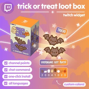 May include: A Halloween-themed graphic with an orange and purple gradient background. The image features a box labeled "Trick or Treat Loot Box" with bat and candy graphics. Text includes "channel points," "chat command," and "one-click install."