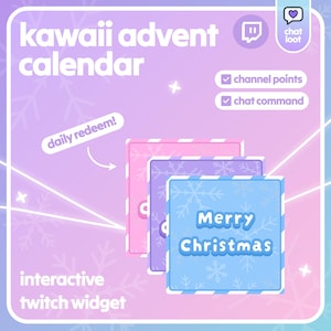 Op de afbeelding: Een digitale afbeelding voor een "kawaii adventskalender" met een pastelpaarse en blauwe gradiënt achtergrond. De afbeelding bevat de tekst "Merry Christmas" en "interactive twitch widget". Er zijn ook sneeuwvlokontwerpen.