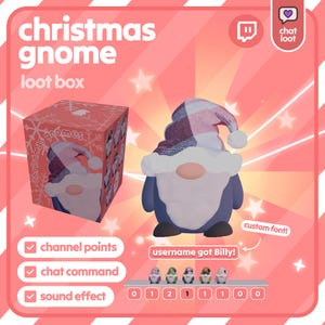 Peut inclure: Une boîte à butin et une figurine de gnome de Noël sont présentées sur un fond rose avec des étoiles. La boîte et la figurine présentent un design de gnome avec un corps bleu, une barbe blanche et un chapeau à carreaux. Le texte comprend "Christmas gnome loot box".