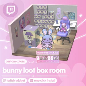 Peut inclure: Illustration numérique d'une pièce sur le thème des lapins, aux couleurs violet et rose. La pièce comprend une boîte à butin lapin, un personnage de lapin, une configuration informatique et le texte "bunny loot box room".