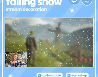 May include: A digital graphic with the text "falling snow stream decoration" in white. The image shows a blurred outdoor scene with falling white snowflakes. The bottom of the image has two blue check boxes with the words "customizable" and "easy set-up".