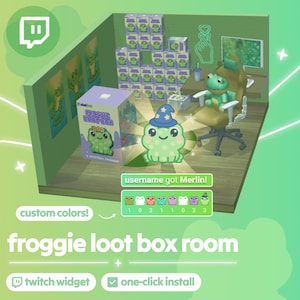 Peut inclure: Illustration numérique d'une pièce Froggie Loot Box. La pièce présente un grand personnage Froggie portant un chapeau de sorcier, une Froggie Loot Box et un widget Twitch. Le texte "Froggie Loot Box Room" est affiché.