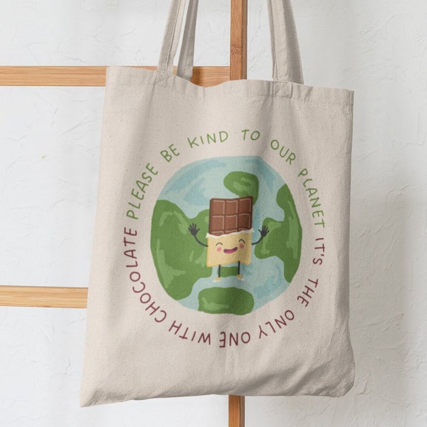 Eco-Friendly Tote Bag, 'Be Kind to Our Planet' Message - Recycled Cotton & Polyester, Ideal for Travel and Chocolate Lovers, Eco Gift