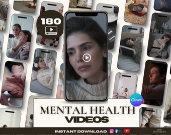 180 Mental Health Videos | Anxiety Brand Kit & Mindset Faceless Reels | Self Help Therapist Instagram Canva | Anxiety Brand Kit