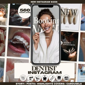 Może przedstawiać: Grafika promocyjna dla konta dentysty na Instagramie. Projekt przedstawia smartfon z kobietą myjącą zęby, otoczony różnymi obrazami związanymi ze stomatologią. Tekst zawiera "Booking Now" i "Dentist Instagram."