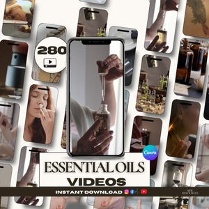 Peut inclure: Un collage d'images présentant des huiles essentielles et des produits connexes. L'image centrale montre une personne utilisant une pipette pour remplir une bouteille en verre. Le texte "ESSENTIAL OILS VIDEOS" et "INSTANT DOWNLOAD" sont visibles.