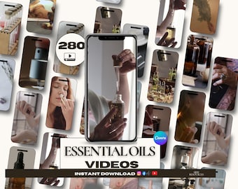 May include: A collage of images featuring essential oils and related products. The central image shows a person using a dropper to fill a glass bottle. The text "ESSENTIAL OILS VIDEOS" and "INSTANT DOWNLOAD" are visible.