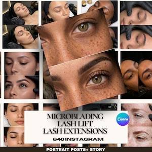 Peut inclure: Un collage d'images présentant des services de microblading, de rehaussement de cils et d'extensions de cils. Les images présentent des gros plans d'yeux avec des cils et des sourcils améliorés, ainsi que des comparaisons avant-après. Le texte "Microblading, Lash Lift, Lash Extensions" est visible.