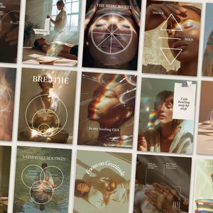 以下が含まれることがあります： 柔らかく温かみのある色調のポスターのコレクションで、人々の画像とウェルネスとセルフケアに関連するテキストが特徴です。「Breathe」、「Focus on Gratitude」、「In my healing ERA」などのフレーズが含まれています。