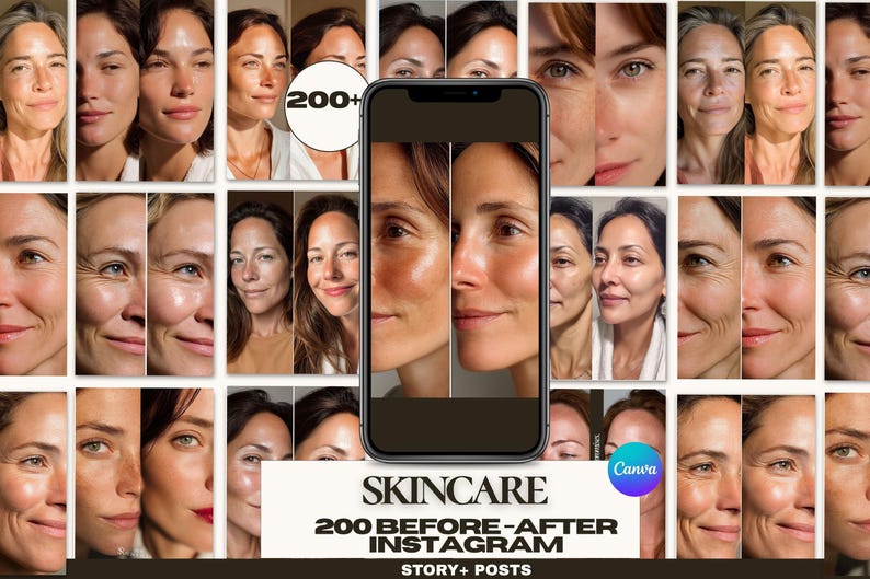 This skincare Canva template kit helps estheticians, dermatologists, nurse injectors, and medspas present high-quality before/after transformations with clarity and consistency. It includes 200 templates in two optimized Instagram sizes, allowing you to maintain a cohesive professional feed. Every layout is designed to support trust-building visuals that increase client inquiries and reinforce treatment expertise.