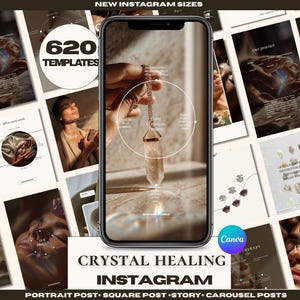 620 Crystal Healing Instagram Templates | Canva Posts Stories Carousels | Crystal Meanings Benefit | Holistic Shop Spiritual Coach Celestial