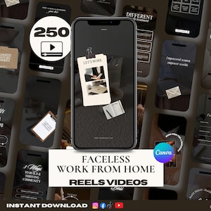 250 Faceless Work From Home Video Reels | Canva Template | Instagram Business TikTok Marketing Reels | Instant Download