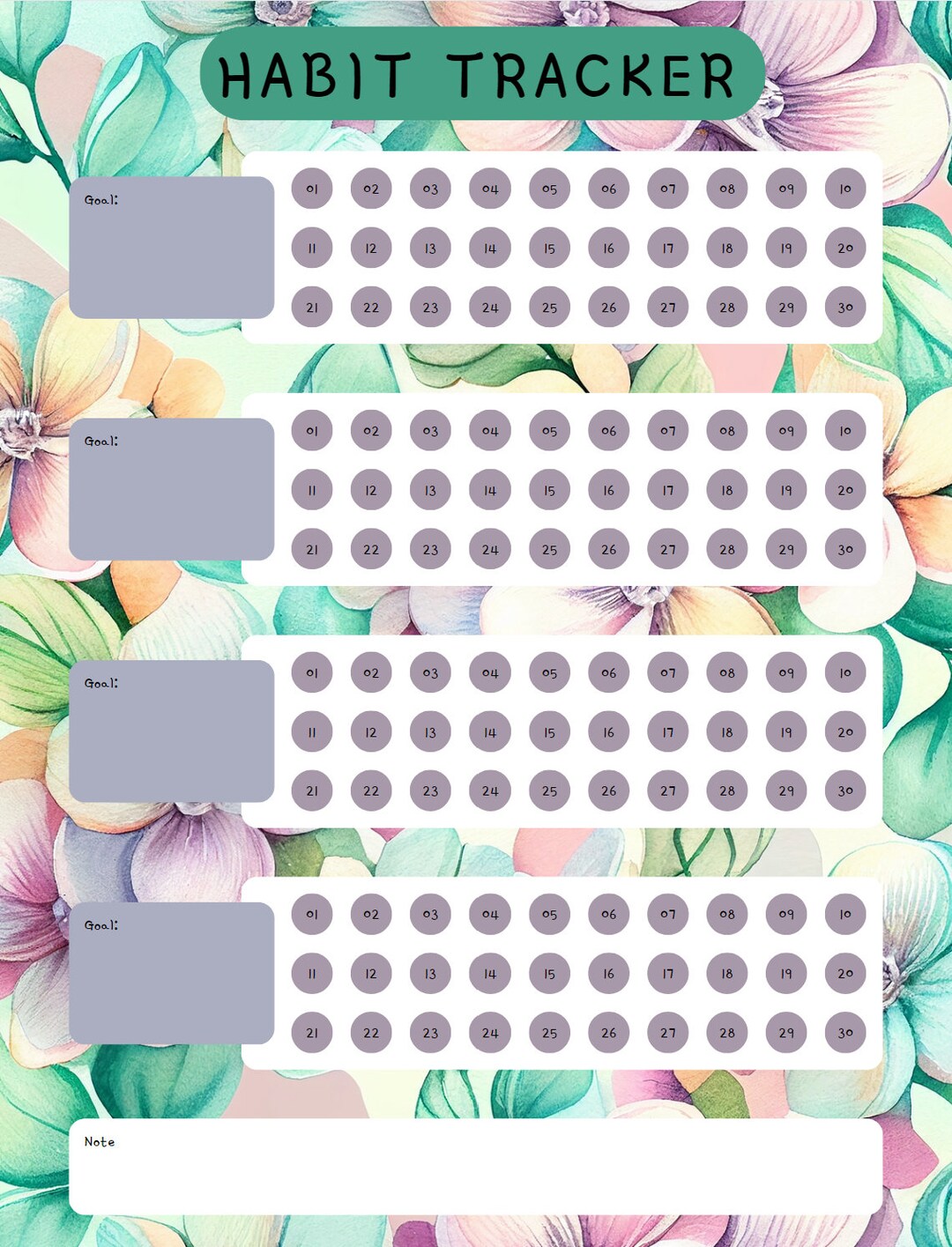 Habit Tracker, Goal Setter, Printable, Editable, Tracker, Floral ...