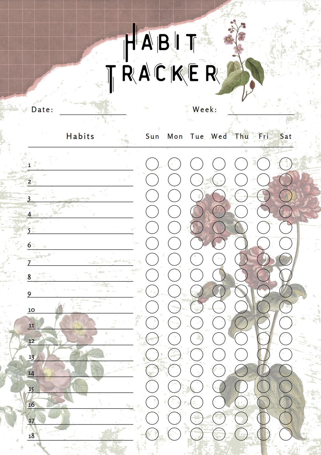 Habit Tracker, Goal Tracker, Printable, Editable, Weekly Tracker, Vintage, Floral - Etsy