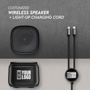 May include: A black wireless speaker, charging cord, and charging case. The speaker is square with rounded corners and a mesh front. The charging cord has a light-up feature and a logo. The charging case is black with a logo. Text on the image reads "CUSTOMIZED WIRELESS SPEAKER + LIGHT-UP CHARGING CORD."